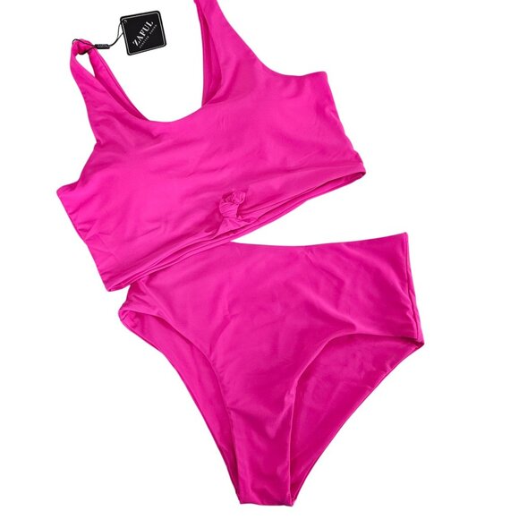Hot Pink High-Waisted Two-Piece Bikini Set With Tank Top & Tie Detail Size M - Picture 4 of 9